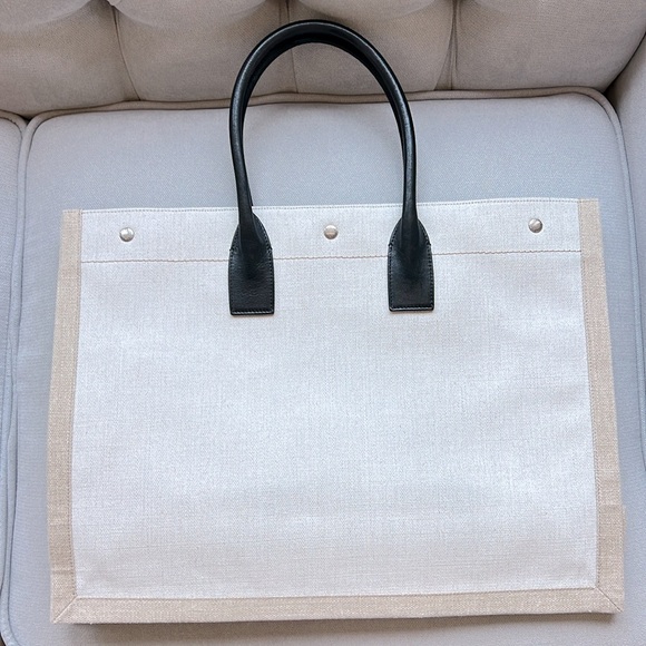 YSL Rive Gauche Large Tote Bag In Printed Canvas And Leather Lin Blanc Like New - Picture 4 of 17